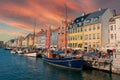 Copenhagen Nyhavn city with beautiful and colorful sunset