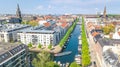 Copenhagen skyline aerial drone view from above, Nyhavn historical pier port and canal n the old town of Copenhagen, Denmark Royalty Free Stock Photo