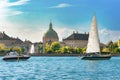 Copenhagen skyline, yacht and boats in city harbor, Denmark