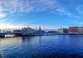 Copenhagen streets of Slotsholmen district, canal and bridges with clear blue sky during sunset time Royalty Free Stock Photo