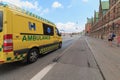 Copenhagen, Zealand Denmark - July 21 2019: Ambulance car drives troug the red light in center of Copenhagen