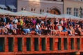 Copenhagen, Zealand Denmark - June 23 2019: People watch burning The witch on bonfire the middle of Nyhavn canal during