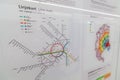 Copenhagen, Zealand Denmark - 29 9 2019: Metro lines map in Kongens Nytorv Station M3 M4 Cityringen metro line in