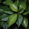 Copious water droplets on green leaves, top view copy space