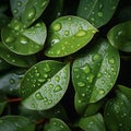 Copious water droplets on green leaves, top view copy space