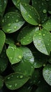 Copious water droplets on green leaves, top view copy space