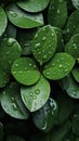 Copious water droplets on green leaves, top view copy space