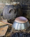 A copper bottom pot is used for condensation in the distillation of mezcal in Mexico