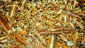 Copper and brass metal shavings, metal sawdust close-up. Abstract color background Royalty Free Stock Photo
