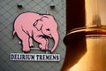 Copper brewing tank and pink elephant outside Brewery Huyghe, brewery of beer Delirium Tremens Royalty Free Stock Photo