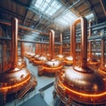 Copper brewing vats in a large beer factory, essential equipment in the beer making process