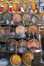 Armenia, Yerevan, September 2021. Vintage copper dishes at the city market.