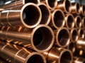 Copper bronze heat exchanger pipes. Heavy non-ferrous metallurgy. Factory industrial production of metal cuprum pipes Royalty Free Stock Photo