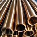 Copper bronze heat exchanger pipes. Heavy non-ferrous metallurgy. Factory industrial production of metal cuprum pipes Royalty Free Stock Photo