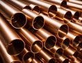 Copper bronze heat exchanger pipes. Heavy non-ferrous metallurgy. Factory industrial production of metal cuprum pipes Royalty Free Stock Photo
