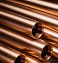 Copper bronze heat exchanger pipes. Heavy non-ferrous metallurgy. Factory industrial production of metal cuprum pipes