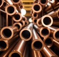 Copper bronze heat exchanger pipes. Heavy non-ferrous metallurgy. Factory industrial production of metal cuprum pipes