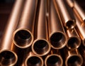 Copper bronze heat exchanger pipes. Heavy non-ferrous metallurgy. Factory industrial production of metal cuprum pipes Royalty Free Stock Photo