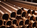 Copper bronze heat exchanger pipes. Heavy non-ferrous metallurgy. Factory industrial production of metal cuprum pipes