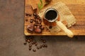 Copper cezve coffee and grains Royalty Free Stock Photo