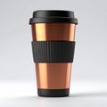 Copper Coffee Cup With Black Lid And Grip On White Background Studio Lighting Royalty Free Stock Photo