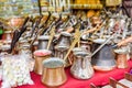 Copper coffee pots or cezve in street market Royalty Free Stock Photo