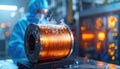 Copper coil covered with frost in a scientific lab symbolizing superconductivity, advanced physics research and the Royalty Free Stock Photo