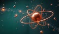 Copper colored atomic model shows nucleus with electrons orbiting in fixed paths. Elegant design. Modern tech style. Science