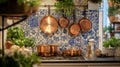 Copper Cookware Hanging on Blue and White Tiled Kitchen Wall Royalty Free Stock Photo