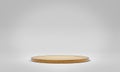 Copper and cork stage podium background. Mockup of empty circular platform on white. Abstract geometric pedestal. 3D rendering