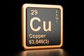 Copper Cu chemical element. 3D rendering