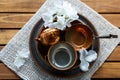 Copper old scratched vintage crockery kitchenware on the table