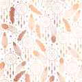 Copper feathers Dream catchers seamless vector pattern. Metallic rose gold repeating ethnic boho background elegant Native Royalty Free Stock Photo