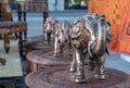 Copper figurines of Indian elephants with national ornaments. Souvenirs from India Royalty Free Stock Photo