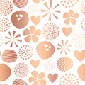 Copper foil abstract seamless vector pattern with flowers, dots, hearts on white background. Cute rose gold metallic foil feminine Royalty Free Stock Photo
