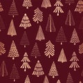 Copper foil doodle Christmas trees seamless vector pattern backdrop. Metallic shiny rose golden trees on red background. Elegant Royalty Free Stock Photo