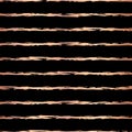 Copper foil hand drawn brush stroke horizontal lines seamless vector pattern. Rose gold irregular stripes on black background. Royalty Free Stock Photo