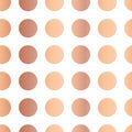 Copper foil polka dots pattern. Circles Seamless Vector. Shiny metallic rose gold foil dots on white background. Femine art for