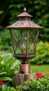 Copper Garden Lantern on Wooden Post Royalty Free Stock Photo