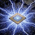 Copper and gold CPU surrounded by electric arcs on a blue background Royalty Free Stock Photo