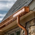 Copper Gutter System Close-up, Shiny Copper, Architectural Detail, Roofing. Copper Gutters, Copper Downspout Royalty Free Stock Photo