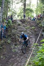 On 9/2/2017 in Copper Harbor, Michigan mountain biker launching from the cliff during enduro race