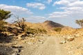 Copper Hike trail, winding gravel dirt road through Wadi Ghargur riverbed and rocky limestone Hajar Mountains, UAE Royalty Free Stock Photo