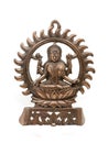 copper idol of goddess lakshmi of hindu religion with multiple arms sitting in a lotus flower