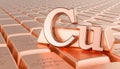 Copper ingots background with Cu symbol. 3D rendering Royalty Free Stock Photo