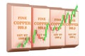 Copper ingots with candlestick chart, showing uptrend market. 3D rendering Royalty Free Stock Photo