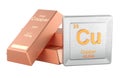 Copper ingots with Cu element symbol. 3D rendering Royalty Free Stock Photo
