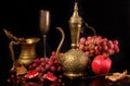 Copper jug, red pomegranate and pink grapes on a black backgroun Royalty Free Stock Photo