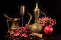 Copper jug, red pomegranate and pink grapes on a black backgroun Royalty Free Stock Photo