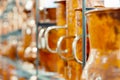 Copper jugs and other utensils on a shelf in a store. Royalty Free Stock Photo